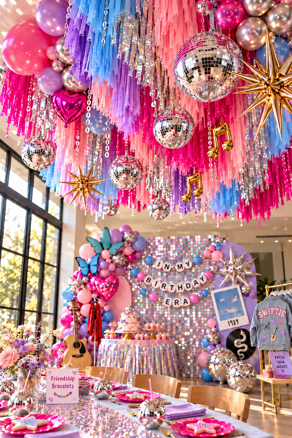 Taylor Swift birthday party ceiling decorations with pink lavender and blue fringe, silver disco balls, metallic starbursts and hanging music notes.