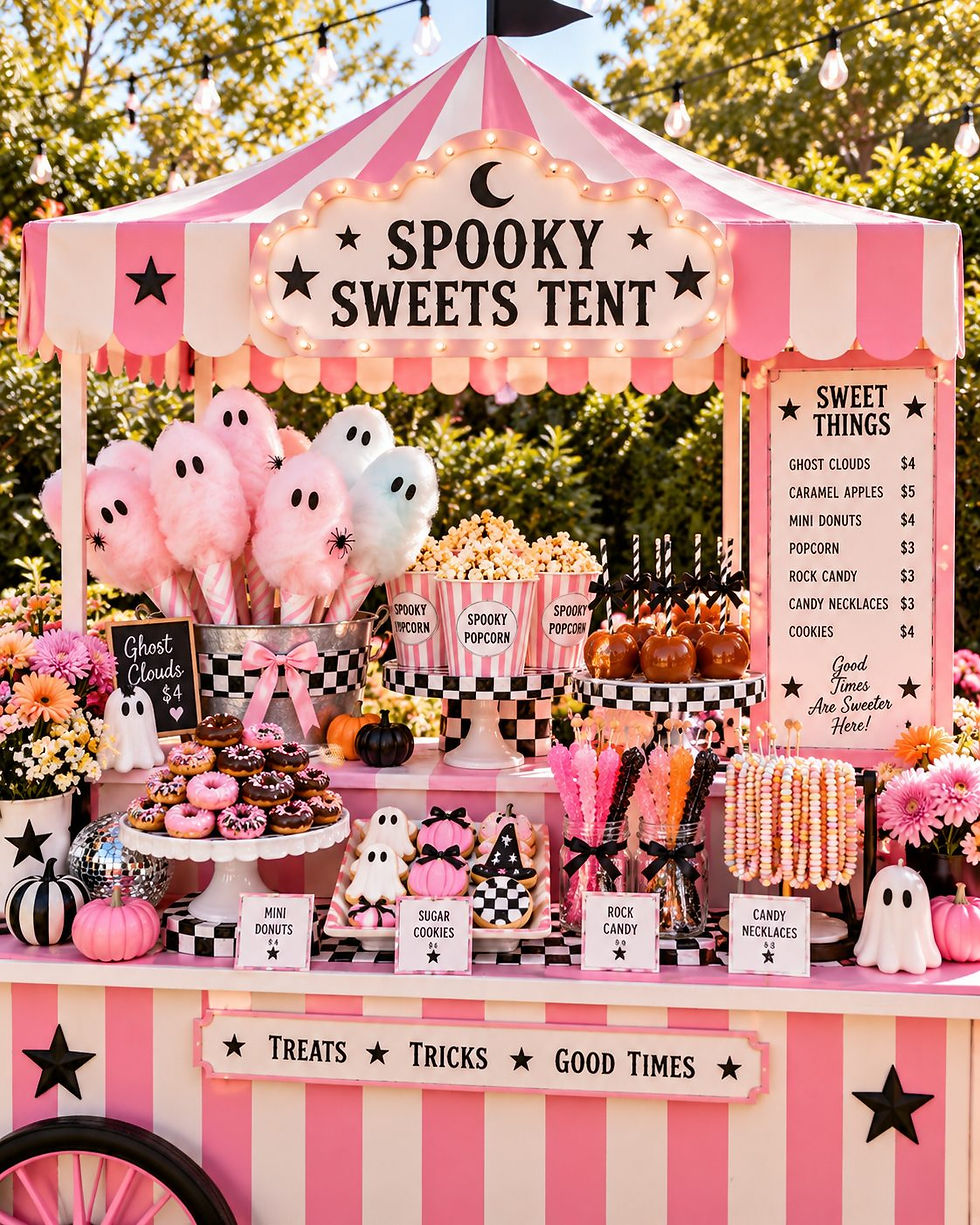 Spooky Sweets Tent with cotton candy ghost clouds, popcorn, candy apples and Halloween carnival treats