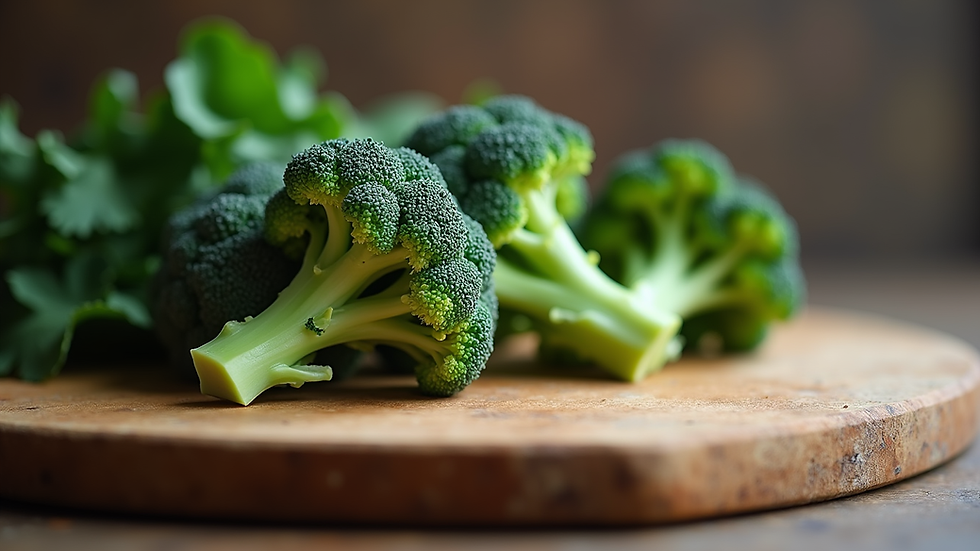 Close-up view of fresh broccoli on a wooden cutting board
