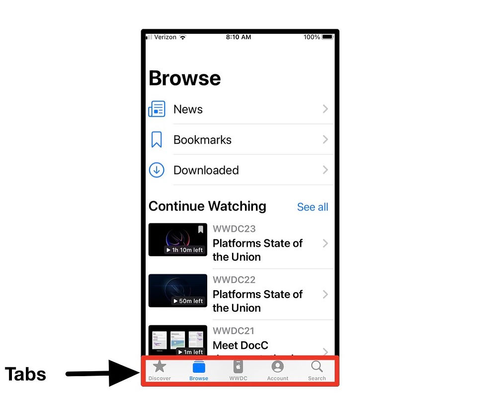 Screenshot of the Browse tab in Apple's Developer app. Highlights the bottom tab view in a red rectangle.