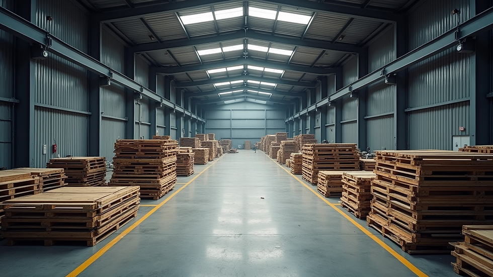 High angle view of a large metal warehouse with stacked raw materials