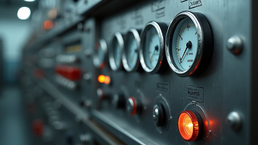 Close-up view of a metal refinery control panel with gauges and switches