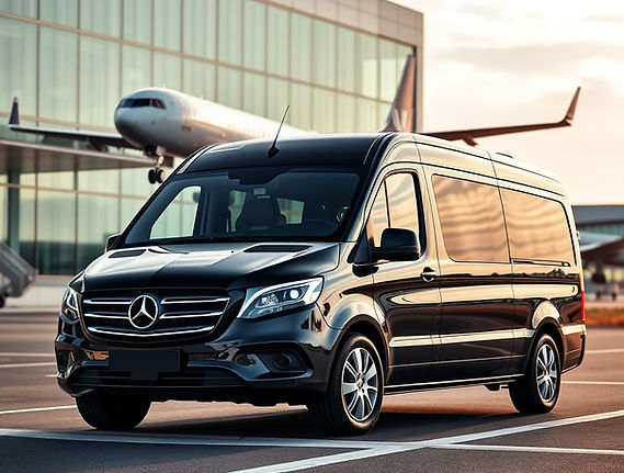AIRPORT TRANSFER , 4K IMAGE , MERCEDES BENZ BLACK V250 CLASS VAN IN AIRPORT AND AIRPLANE L