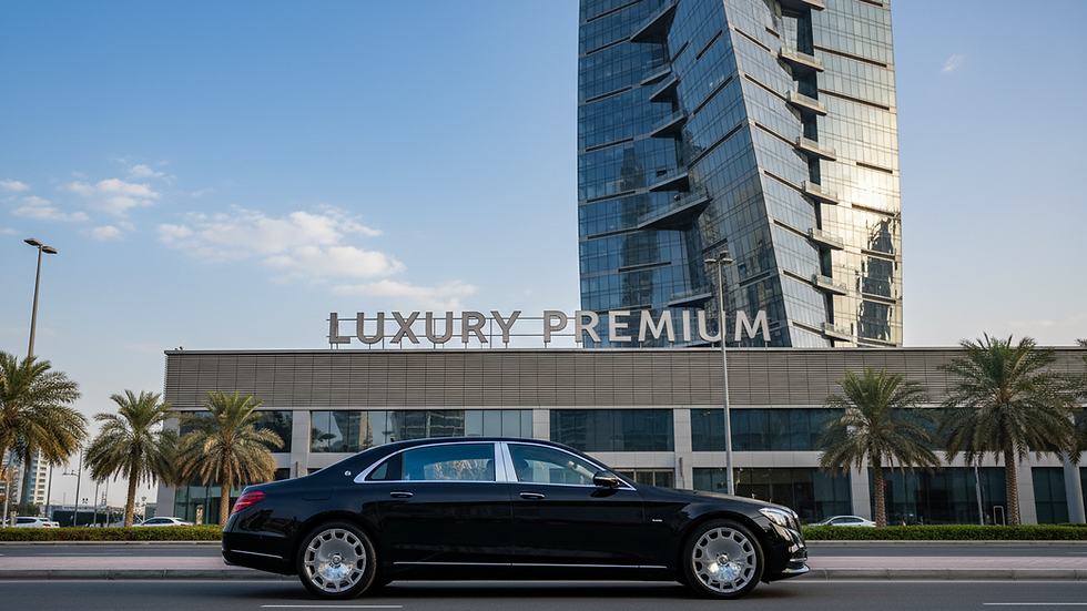 Eye-level view of a luxury black sedan parked in front of a modern Dubai skyscraper