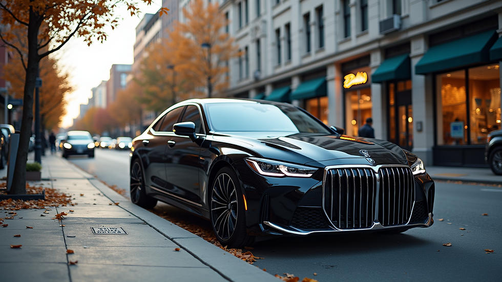Eye-level view of a luxury sedan parked in front of a modern building