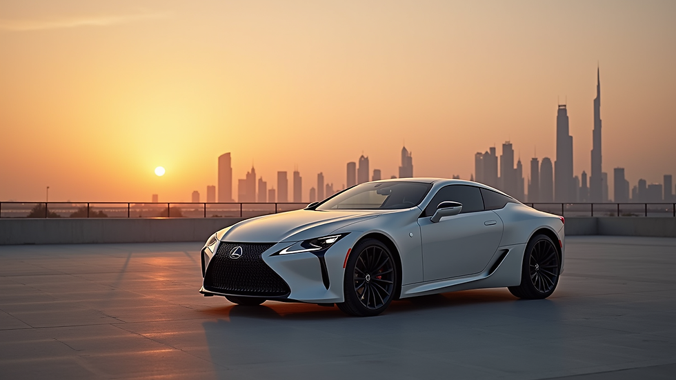 High angle view of luxury car parked near Dubai skyline at sunset
