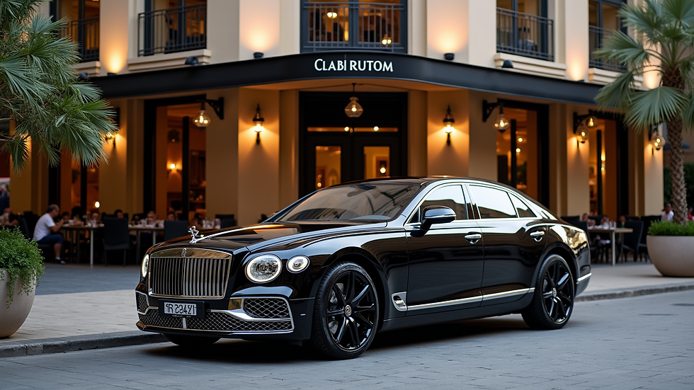 Eye-level view of a luxury car parked in front of a high-end restaurant in Dubai
