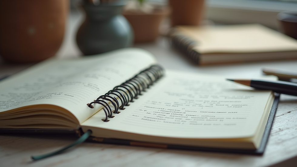 Close-up view of a creative workspace with art supplies and a notebook
