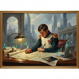 Napoleon Bonaparte examining a campaign map with abstract modern business graphics overlayed