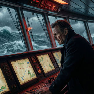 A ship captain on a high-tech bridge in stormy seas, looking at navigational charts that are just simple children's drawings, ignoring the complex reality outside the window.