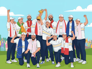 European Ryder Cup golf team lifting trophy after 2025 win.
