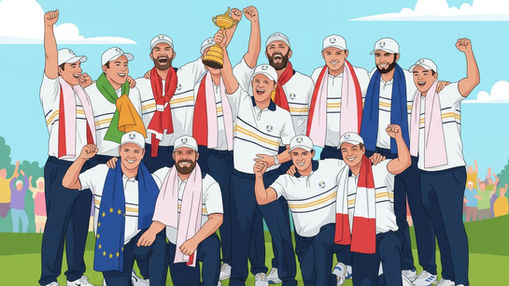 European Ryder Cup golf team lifting trophy after 2025 win.