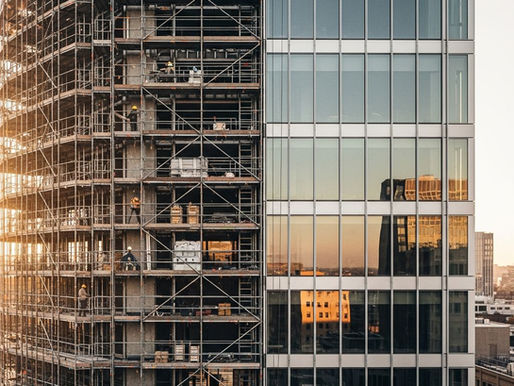 Partially scaffolded office building symbolising incomplete transformation