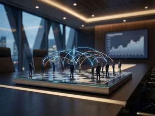 A stylised chessboard with executives moving pieces, overlaid with glowing lines representing fast decision flows.