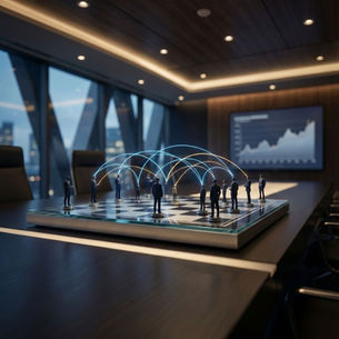 A stylised chessboard with executives moving pieces, overlaid with glowing lines representing fast decision flows.