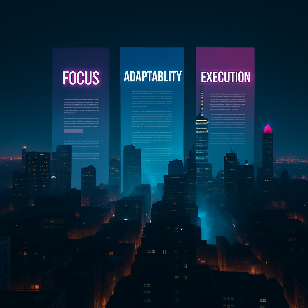 Modern city skyline with three large pillars labelled Focus, Adaptability, and Execution.