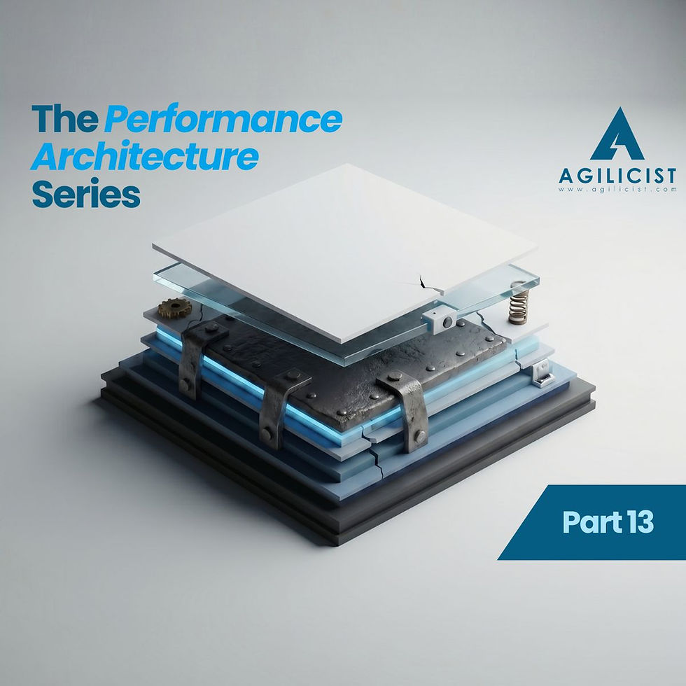 A 3D isometric illustration of a fragmented enterprise operating model stack for the Agilicist Performance Architecture Series Part 13, representing 'Frankenstein Architecture' with mismatched, bolted-together organisational layers and structural friction.