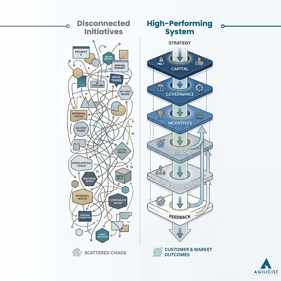 A comparison between a disconnected set of initiatives and an integrated enterprise system working toward a shared outcome.