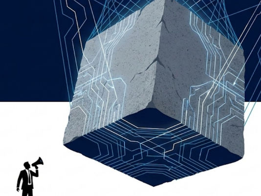 An abstract illustration of a small business leader shouting through a megaphone at a massive, monolithic stone block that is suspended in the air by complex geometric cables.