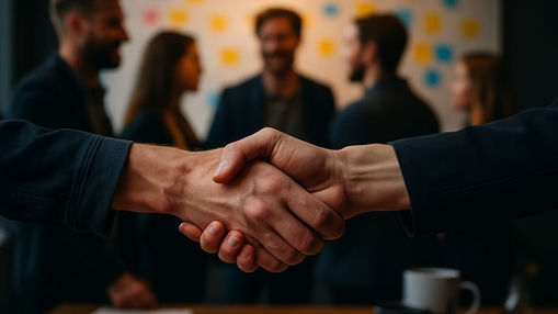 Handshake in front of agile team and scrum board