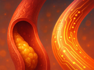 Digital illustration of a clogged artery made of circuit circuits transforming into a clear one.