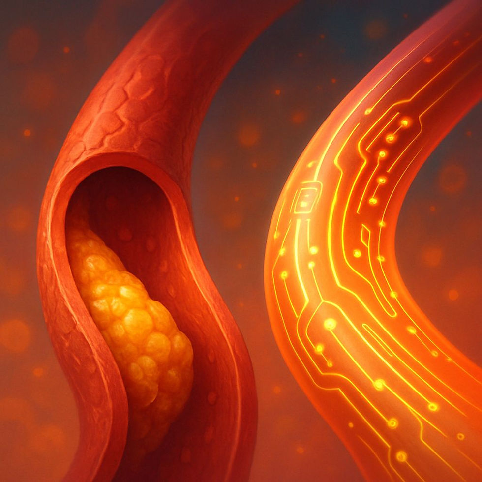 Digital illustration of a clogged artery made of circuit circuits transforming into a clear one.