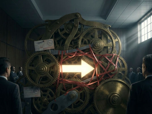 A large, complex, bureaucratic machine made of gears and red tape traps a small, glowing arrow representing speed.