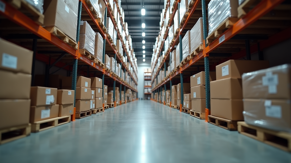 Eye-level view of a logistics warehouse filled with organized shelves
