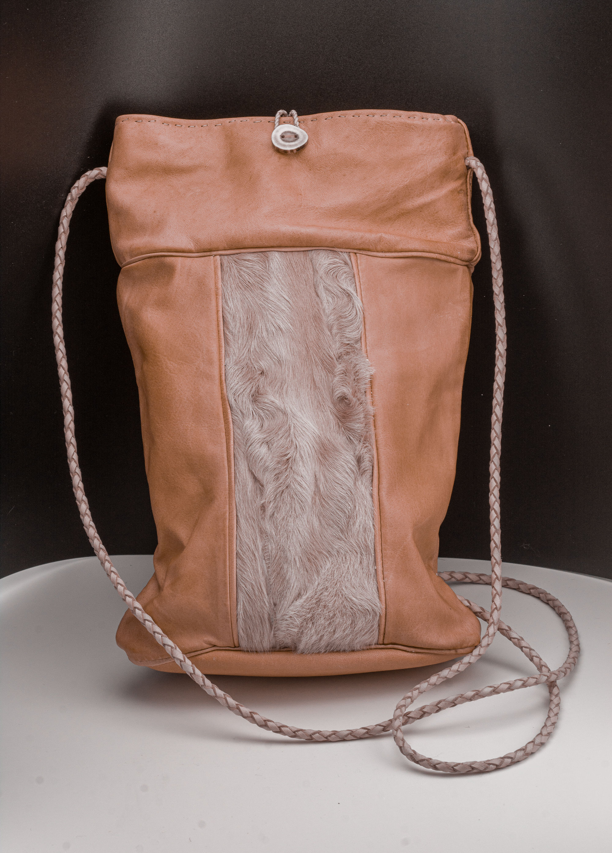 Sámi inspired bag with reindeer leather and vintage rabbit fur