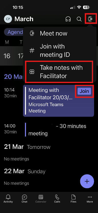 Screen shot of how to use MS 365 Copilot to record and transcribe in person meetings