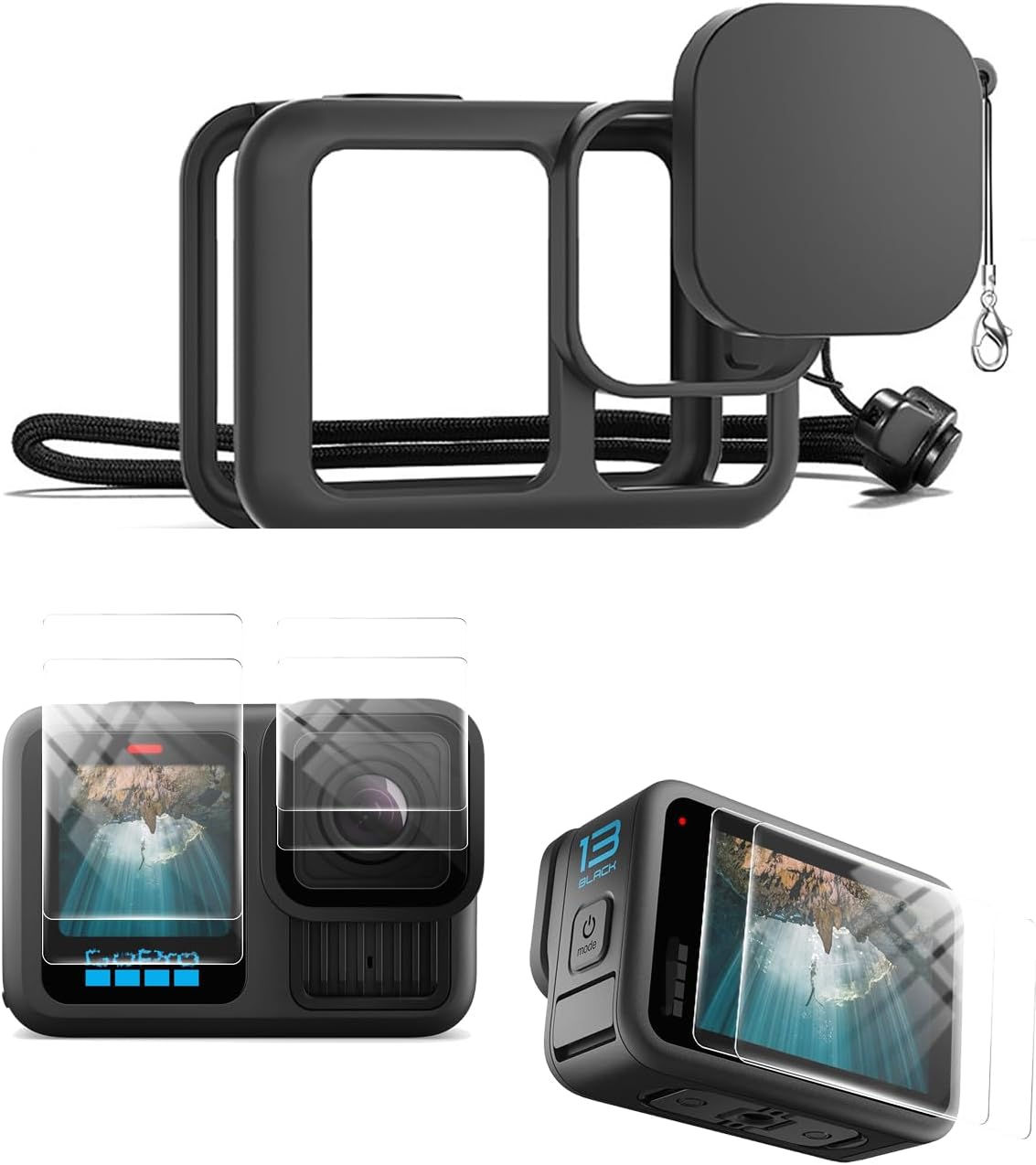 Go Pro Hero 13 Silicone Rubber Case+(6pcs) Tempered Glass Protector