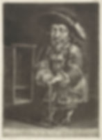 Mezzotint van dwerg Hans Worrenberg in 17e-eeuwse kleding met hoed en wandelstok, tegen donkere achtergrond. Tekst onderaan beschrijft de persoon.
