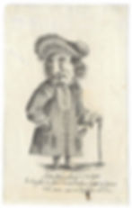 Dwerg met hoed en baard, draagt een outfit met patroon, leunt op stok. Tekst onder: "John Woremberg... Londen 1688." Neutrale uitdrukking.