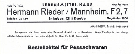 Order form for Passover goods from Hermann Rieder, Lebensmittel-Haus, Mannheim, 1938.