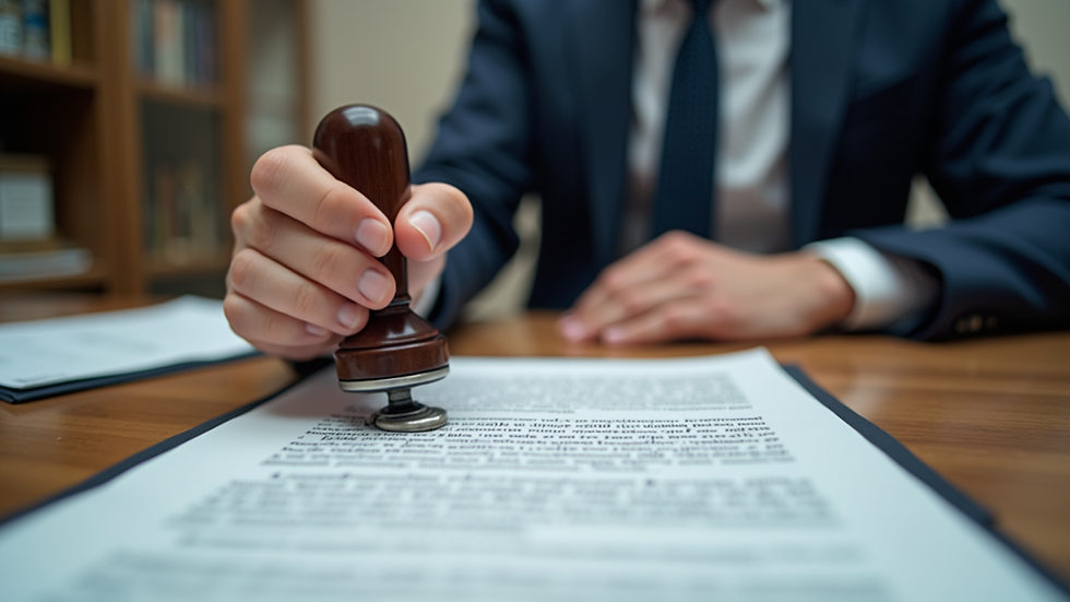 Eye-level view of a notary public stamping a document on a desk