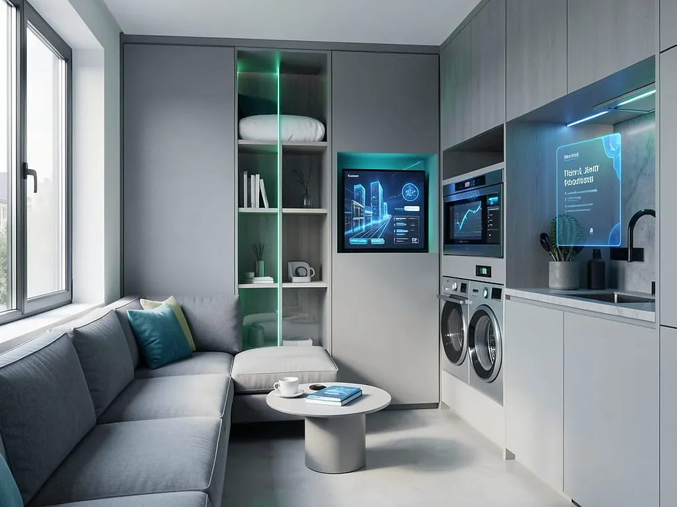 Modern smart housing interior with grey sofa and glowing tech screens