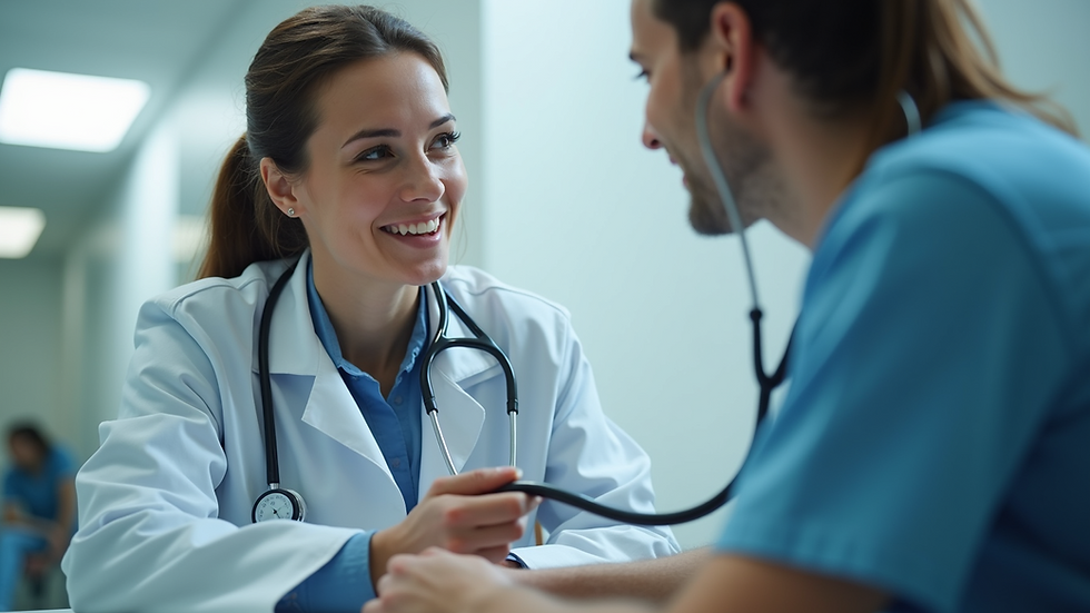 Eye-level view of a healthcare professional conducting a patient assessment with a stethoscope