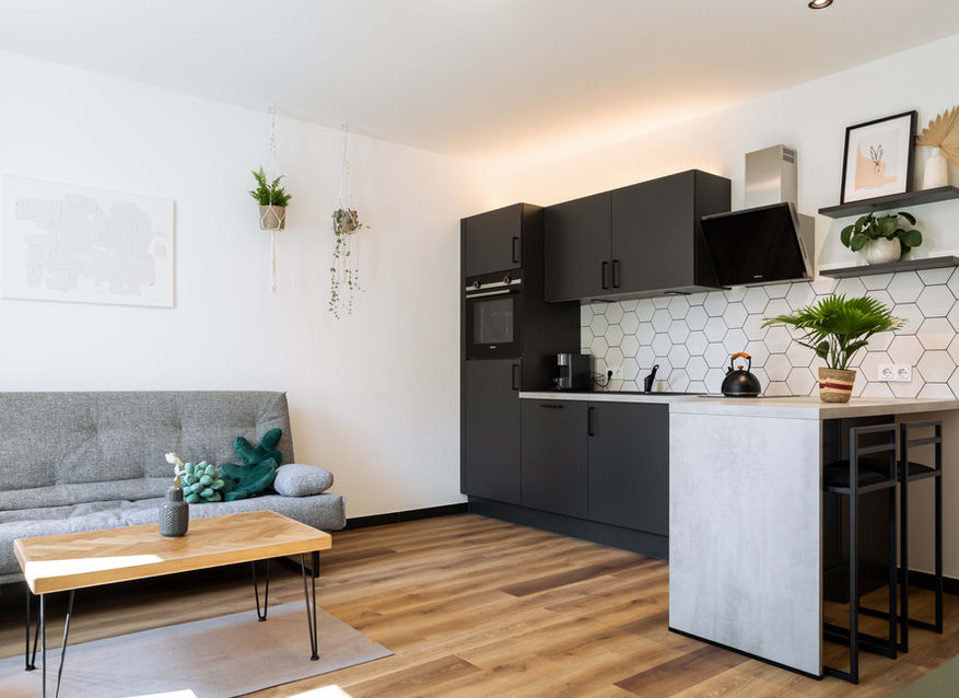 Kitchen with lots of plants in the Urban Jungle Apartments