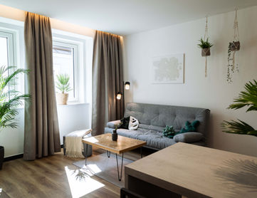 Stilvoll eingerichteter Wohnbereich eine Apartments mit vielen Pflanzen