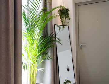Pflanze vor Fenster mit Spiegel und Hängepflanze Urban Jungle Apartments