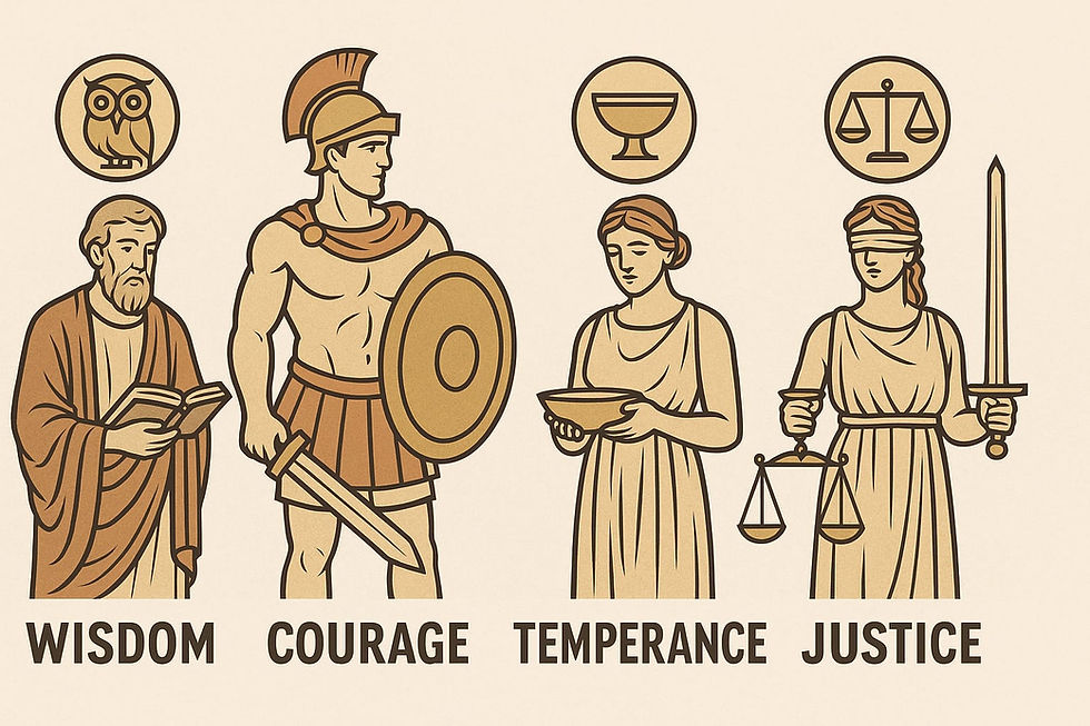 Las cuatro virtudes cardinales del estoicismo: Sabiduría, valentía, templanza y justicia.