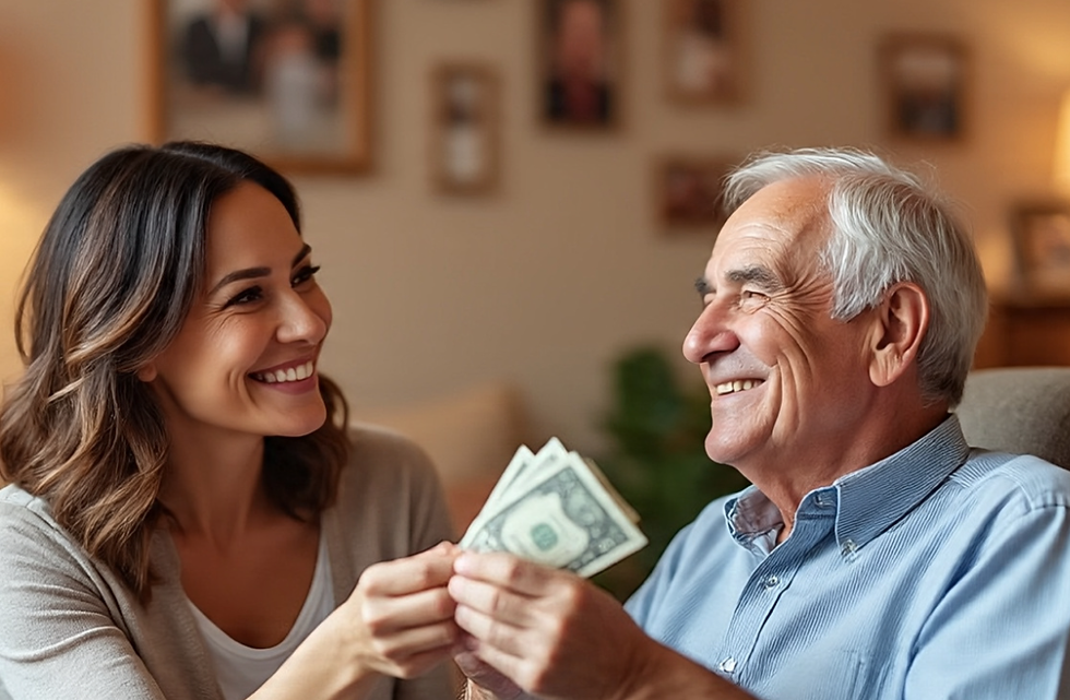 Smiling woman hands money to an elderly man in a cozy room with framed photos. Warm lighting and a friendly atmosphere.