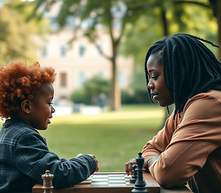 red haired african child plays chess with black haired young adult in outside European par