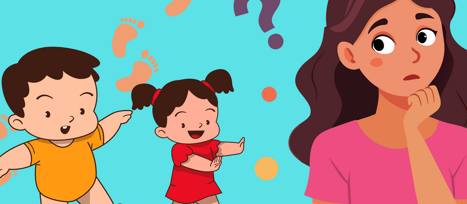 Two children play and walk joyfully, leaving footprints on a blue background. A woman in pink looks thoughtful, with a large question mark nearby.
