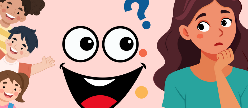 Cartoon kids on left and a large smiling face with a question mark in center. A thoughtful mother is on the right. Pink background.