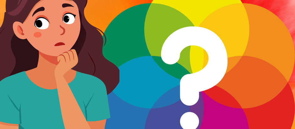 Illustration of a thoughtful woman in a teal shirt with colourful overlapping circles and a large white question mark in the background.