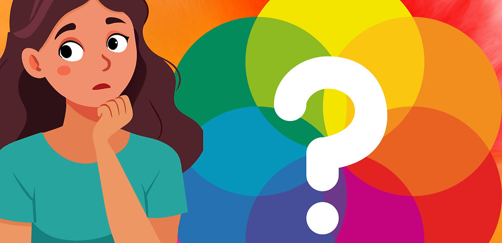 Illustration of a thoughtful woman in a teal shirt with colourful overlapping circles and a large white question mark in the background.