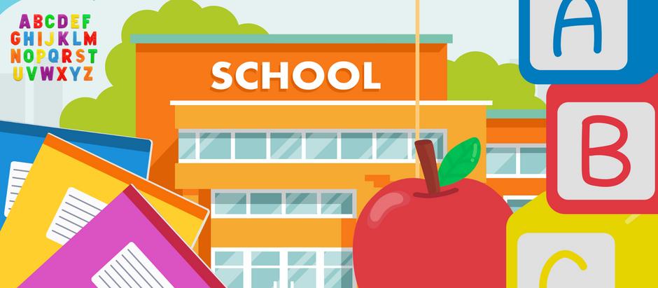 Bright school backdrop with bold "SCHOOL" text, colourful books, blocks with letters A, B, C, and apple symbolizing learning and education.