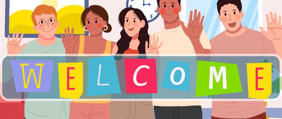 Five smiling cartoon people wave behind colourful "WELCOME" letters in a cheerful room with a sunny window and a wall clock.