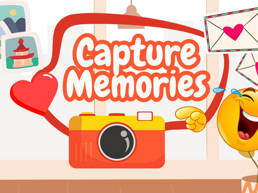 Cartoon scene with a camera, letters, and a laughing emoji. Red heart, text "Capture Memories," and nature photos in the background.